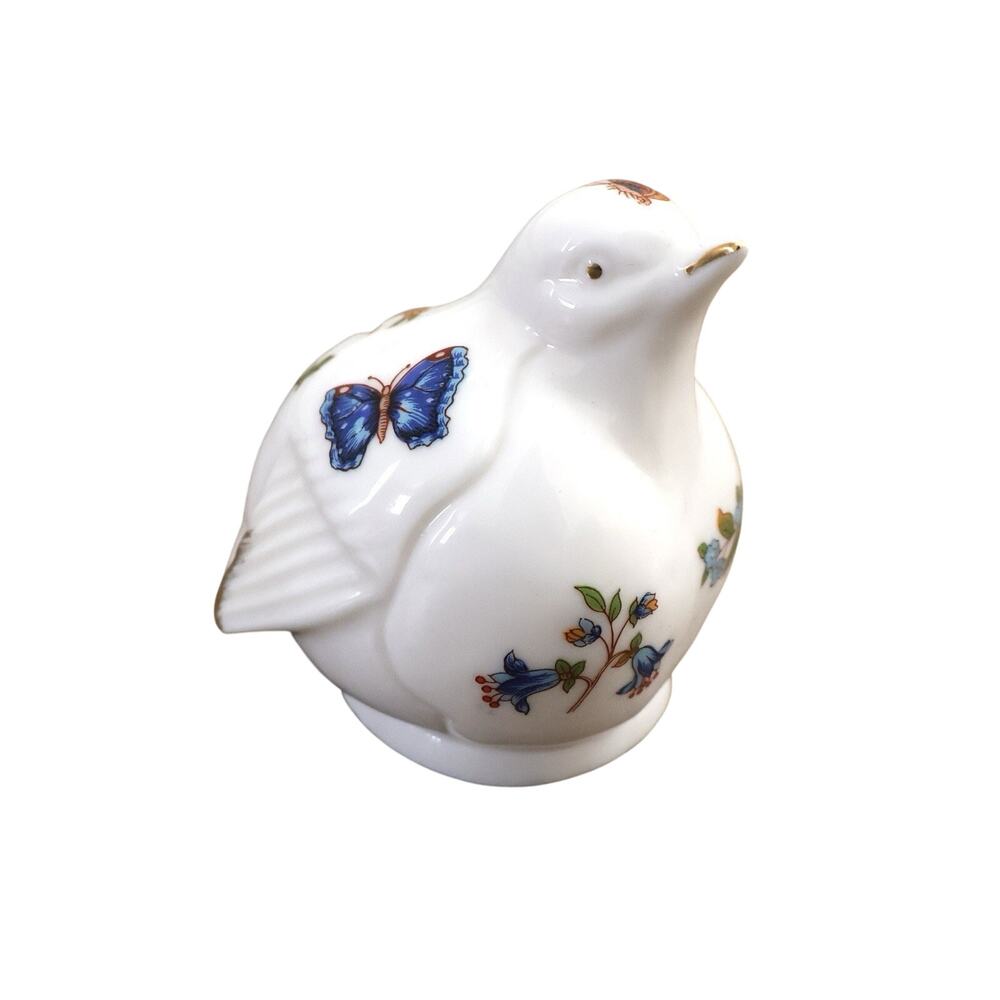Vintage White Bone China Porcelain Floral Bird Ring Jewelry Trinket Box Boho
